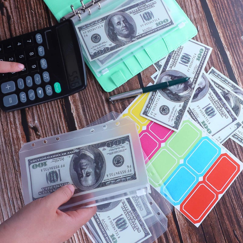 أنتنر Antner Budget Binder مع مظاريف بسحاب منظم أموال للمظاريف النقدية النقدية لوضع الميزانية ومخطط التوفير مع مغلفات نقدية وملصقات ملونة لتوفير المال باللون الأخضر الفاتح - Image 3